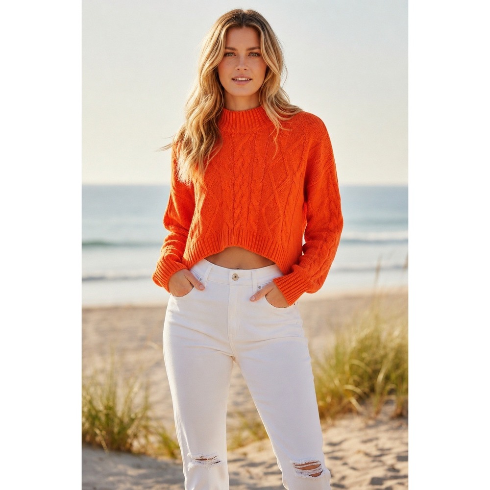 Parisian Luzabelle NWT Orange‎ Wool Blend Cable Knit Cropped Turtleneck M/L